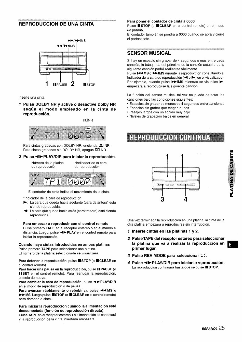 Reproduccion de una cinta, Para poner el contador de cinta a 0000, Sensor musical | Reproducción, 2 pulse ◄►play/dir para iniciar la reproducción, Para empezar a reproducir con el control remoto, Cuando haya cintas introducidas en ambas platinas, 1 inserte cintas en las platinas 1 y 2, 3 pulse rev mode para seleccionar, 4 pulse ◄►play/dir para iniciar la reproducción | Aiwa XR-M1000 User Manual | Page 57 / 100