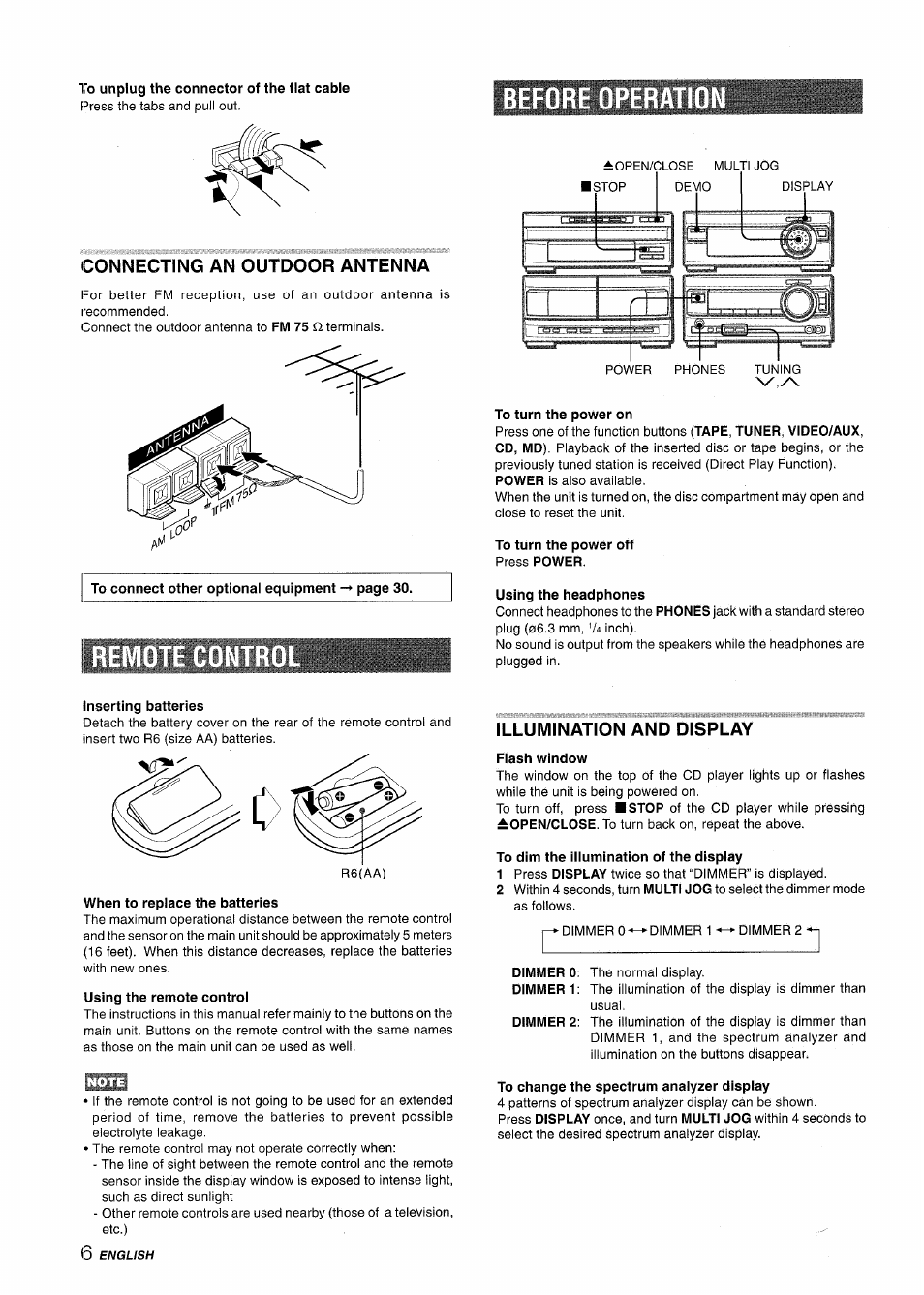 To unplug the connector of the flat cable, Connecting an outdoor antenna, Before operati | To turn the power on, To turn the power off press power, Using the headphones, Inserting batteries, When to replace the batteries, Using the remote control, Illumination and display | Aiwa XR-M1000 User Manual | Page 6 / 100
