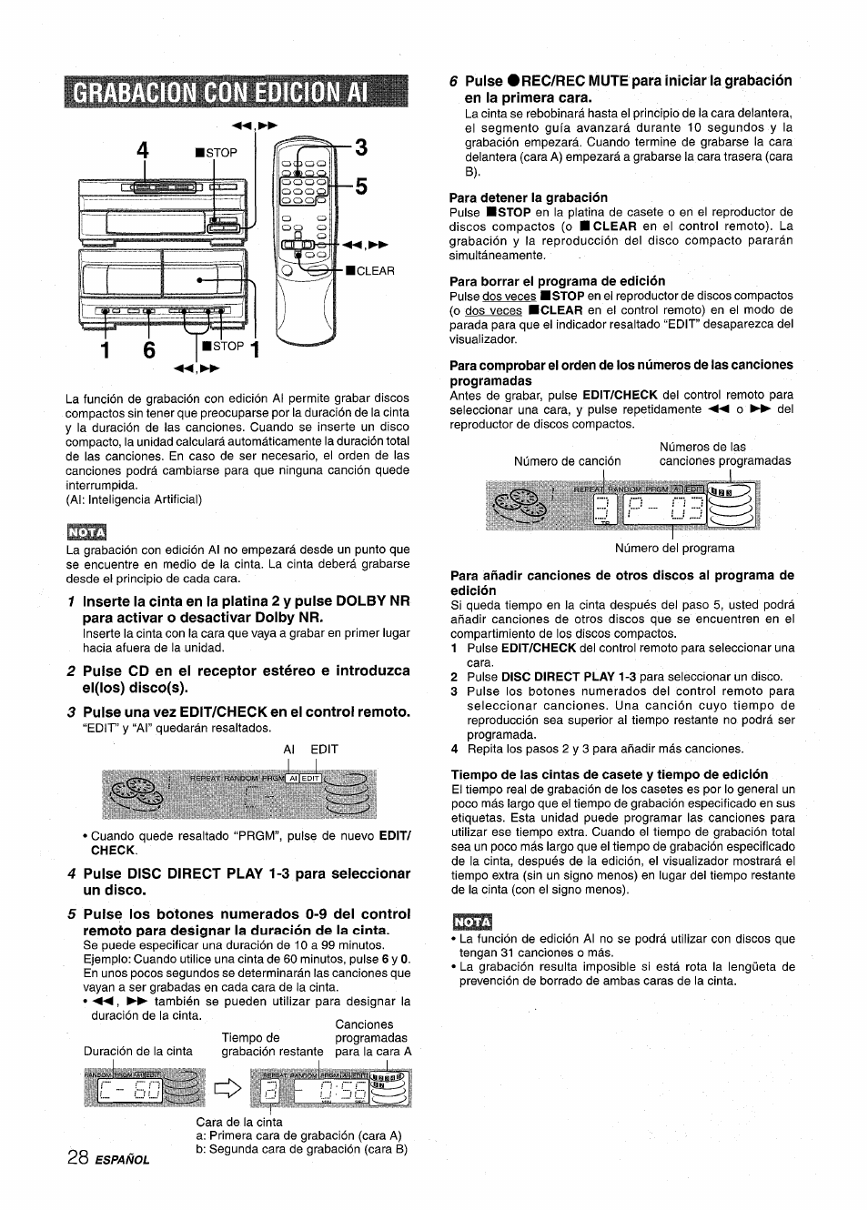 Grabacion con edicion, Para detener la grabación, Para borrar el programa de edición | Tiempo de las cintas de casete y tiempo de edición, Grabacion con edicion al | Aiwa XR-M1000 User Manual | Page 60 / 100