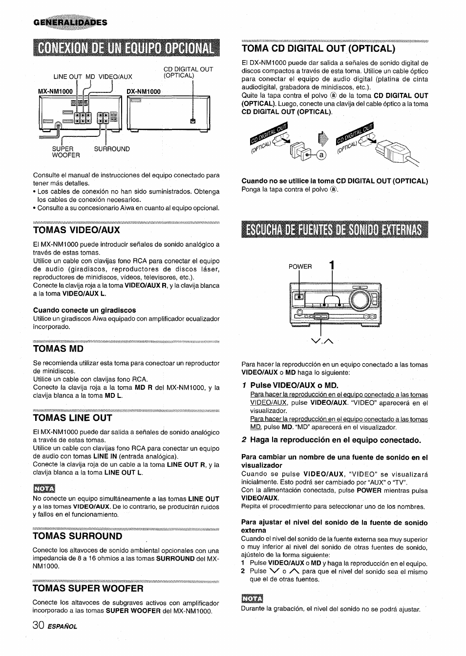 Toma cd digital out (optical), Tomas video/aux, Cuando conecte un giradiscos | Tomas md, Tomas line out, Tomas surround, Tomas superwoofer, 1 pulsevideo/auxo md, 2 haga la reproducción en el equipo conectado, Ulpo opcional | Aiwa XR-M1000 User Manual | Page 62 / 100