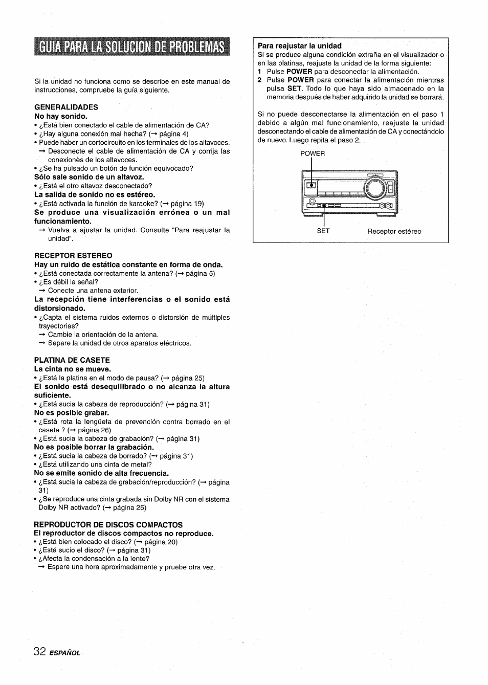 Generalidades no hay sonido, Receptor estereo, Platina de casete la cinta no se mueve | Guia para la solucion de problemas | Aiwa XR-M1000 User Manual | Page 64 / 100