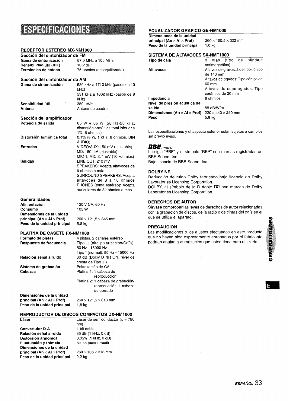 Sistema de altavoces sx-nmt1000, Dolby nr, Derechos de autor | Precaucion | Aiwa XR-M1000 User Manual | Page 65 / 100