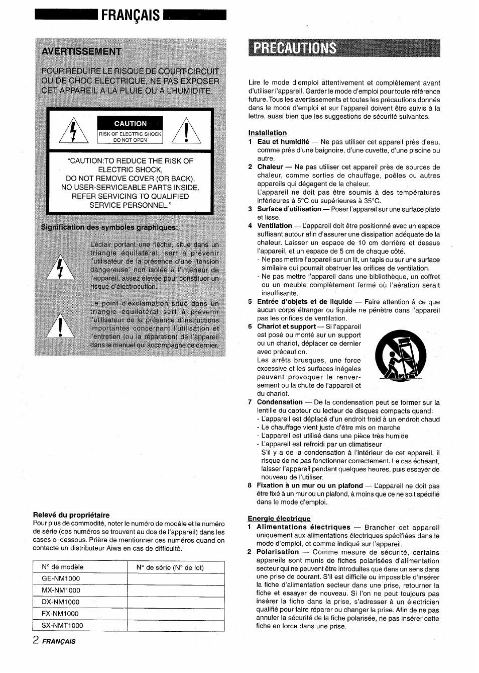 Français, Avertissement, Precautio | Signification des symboies graphiques, Reievé du propriétaire, Installation, Energie électrique, Precautions | Aiwa XR-M1000 User Manual | Page 66 / 100