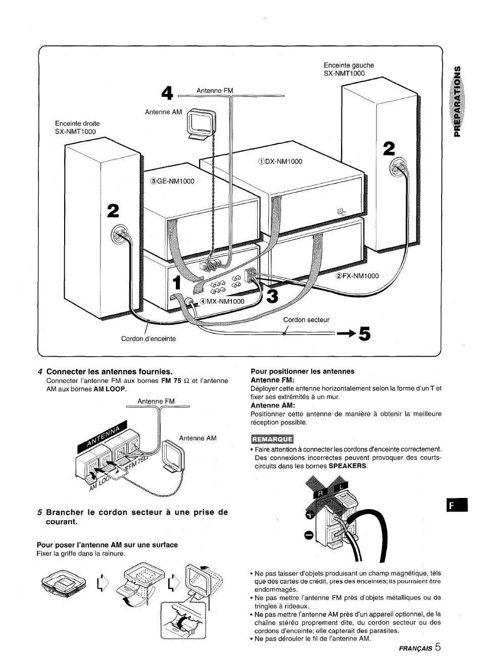 4 connecter les antennes fournies, Pour poser l’antenne am sur une surface, Pour positionner ies antennes antenne fm | Aiwa XR-M1000 User Manual | Page 69 / 100