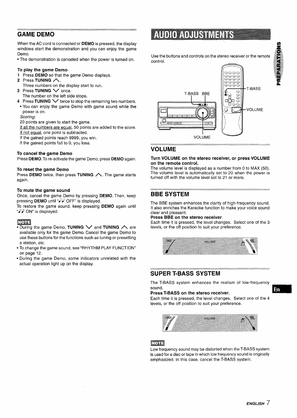 Game demo, To play the game demo, 2 press tuning | To cancel the game demo, Audi, Volume, To mute the game sound, Bbe system, Super t-bass system | Aiwa XR-M1000 User Manual | Page 7 / 100
