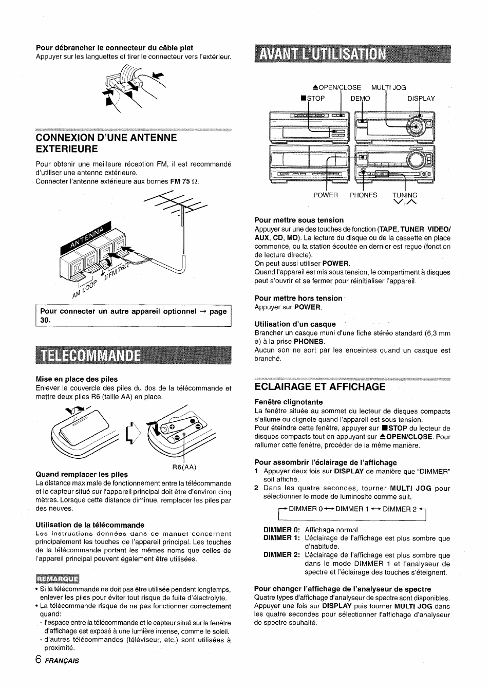 Pour débrancher le connecteur du câble plat, Connexion d’une antenne exterieure, Pour mettre sous tension | Pour mettre hors tension, Utilisation d’un casque, Mise en place des piles, Quand remplacer les piles, Utilisation de ia télécommande, Eclairage et affichage, Pour assombrir l’éclairage de l’affichage | Aiwa XR-M1000 User Manual | Page 70 / 100