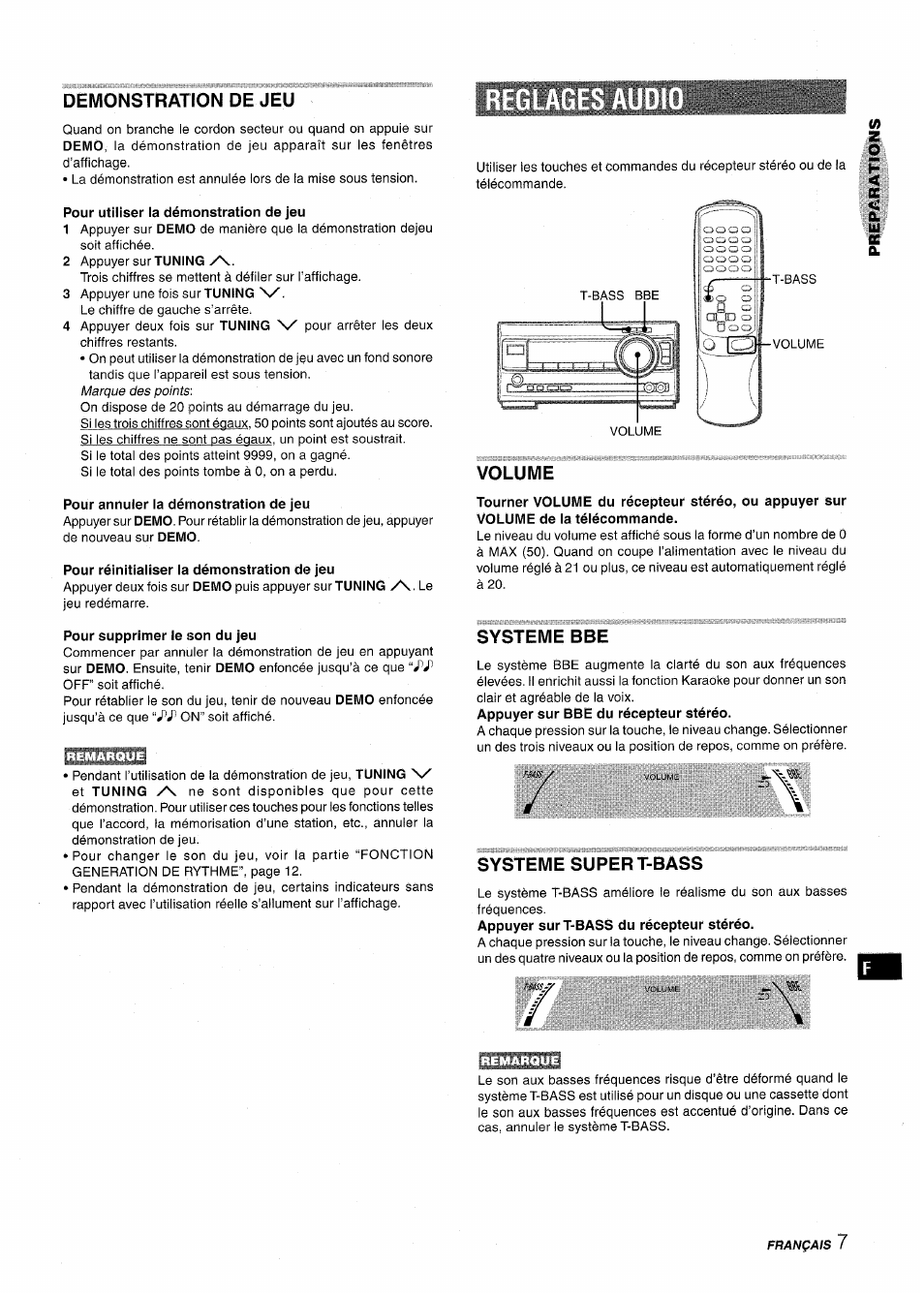 Demonstration de jeu, Pour utiliser la démonstration de jeu, Pour annuler la démonstration de jeu | Pour réinitialiser la démonstration de jeu, Pour supprimer le son du jeu, Volume, Systeme bbe, Systeme super t-bass | Aiwa XR-M1000 User Manual | Page 71 / 100