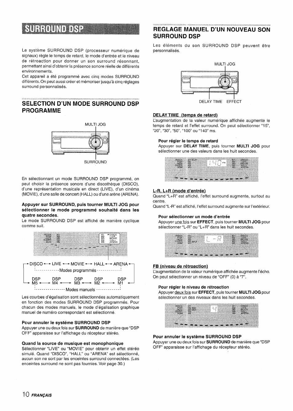 Selection d’un mode surround dsp programme, Reglage manuel d’un nouveau son surround dsp, Delaytime (temps de retard) | Pour régler le temps de retard, L-r, l+r (mode d’entrée), Pour sélectionner un mode d’entrée, Fb (niveau de rétroaction), Pour régler le niveau de rétroaction, Pour annuier ie système surround dsp, Quand la source de musique est monophonique | Aiwa XR-M1000 User Manual | Page 74 / 100