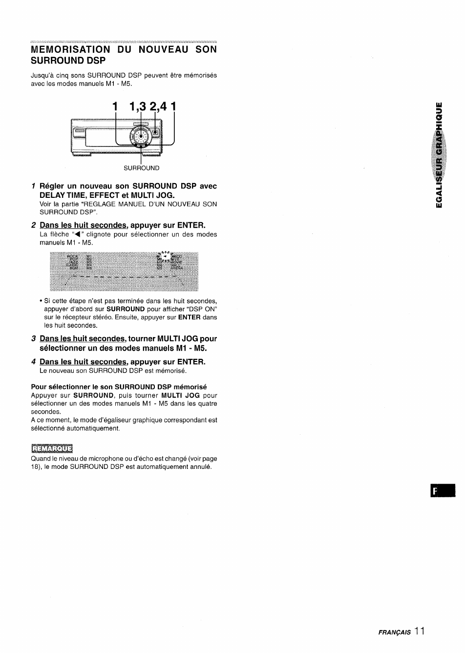 Memorisation du nouveau son surround dsp, 2 dans les huit secondes, appuyer sur enter, 4 dans les huit secondes, appuyer sur enter | Pour sélectionner le son surround dsp mémorisé | Aiwa XR-M1000 User Manual | Page 75 / 100