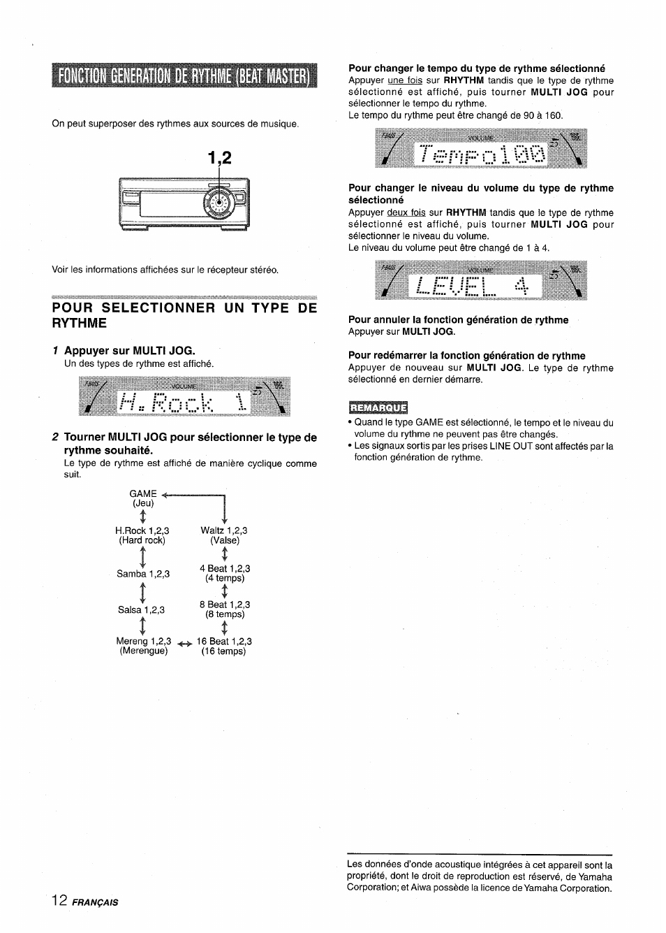 Pour selectionner un type de rythme, 1 appuyer sur multi jog, Pour annuler la fonction génération de rythme | Pour redémarrer la fonction génération de rythme, Fonction generation de rythme (beat master) | Aiwa XR-M1000 User Manual | Page 76 / 100