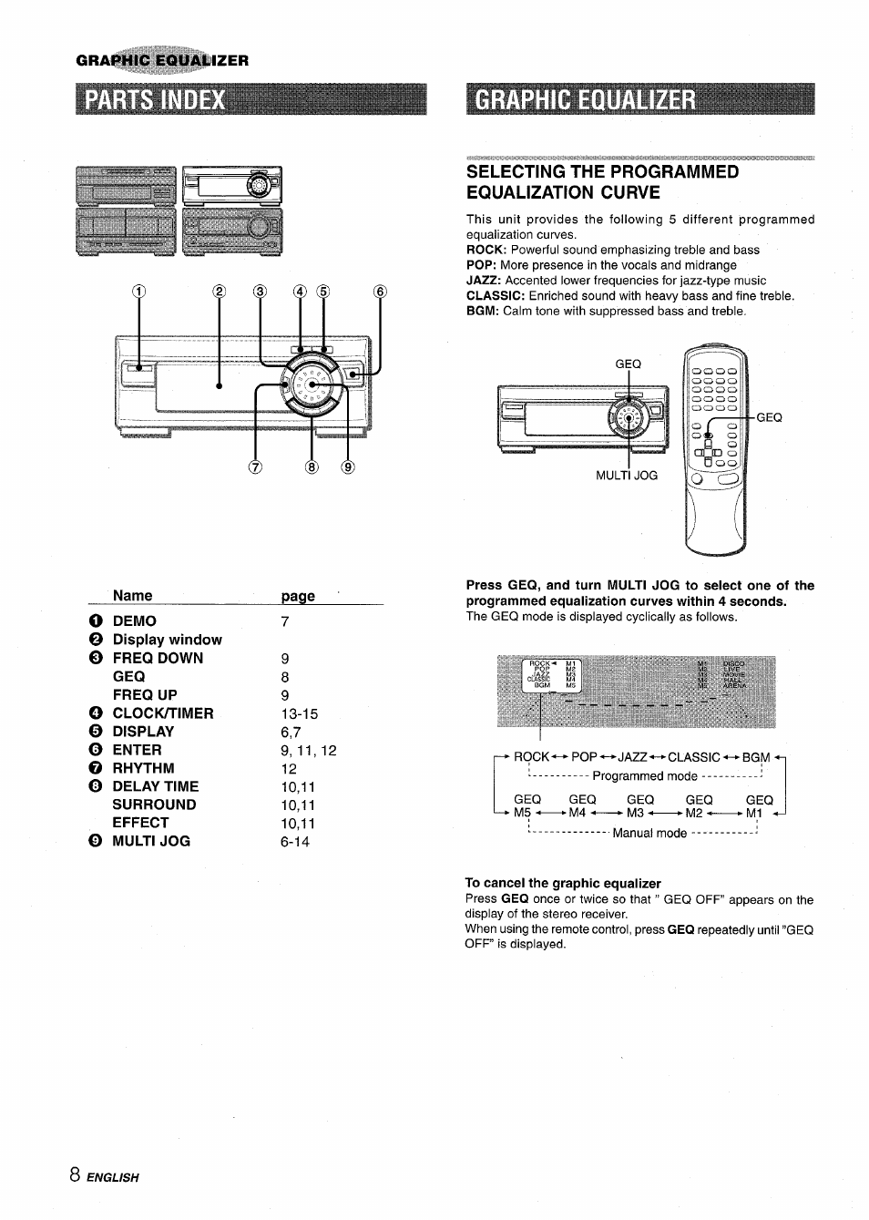 Graphic eq, Selecting the programmed equalization curve, Name | To cancel the graphic equalizer | Aiwa XR-M1000 User Manual | Page 8 / 100