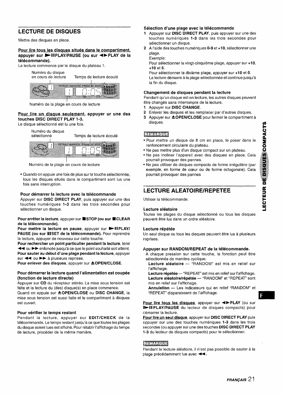 Lecture de disques, Pour démarrer la lecture avec la télécommande, Pour vérifier le temps restant | Sélection d’une plage avec la télécommande, Changement de disques pendant la lecture, Lecture aleatoire/repetee, Lecture aléatoire, L.ecture répétée, Appuyer sur random/repeat de la télécommande | Aiwa XR-M1000 User Manual | Page 85 / 100