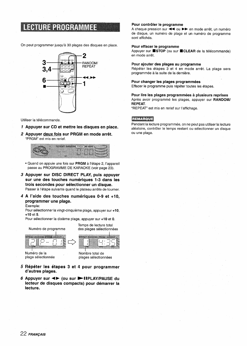 Lecture programme, Pour contrôler le programme, Pour effacer le programme | Pour ajouter des plages au programme, Pour changer les plages programmées, Lecture programmee | Aiwa XR-M1000 User Manual | Page 86 / 100