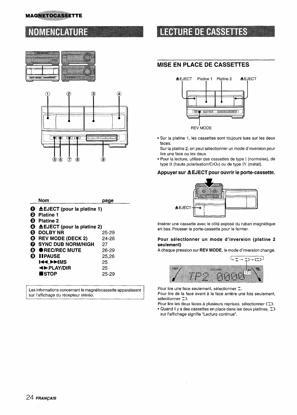 Ture, Lecture de ca, O reject (pour la platine 1) | 0 platine 1 0 platine 2, O eject (pour la platine 2), Mise en place de cassettes, Appuyer sur ± eject pour ouvrir le porte-cassette, Ture lecture de ca | Aiwa XR-M1000 User Manual | Page 88 / 100