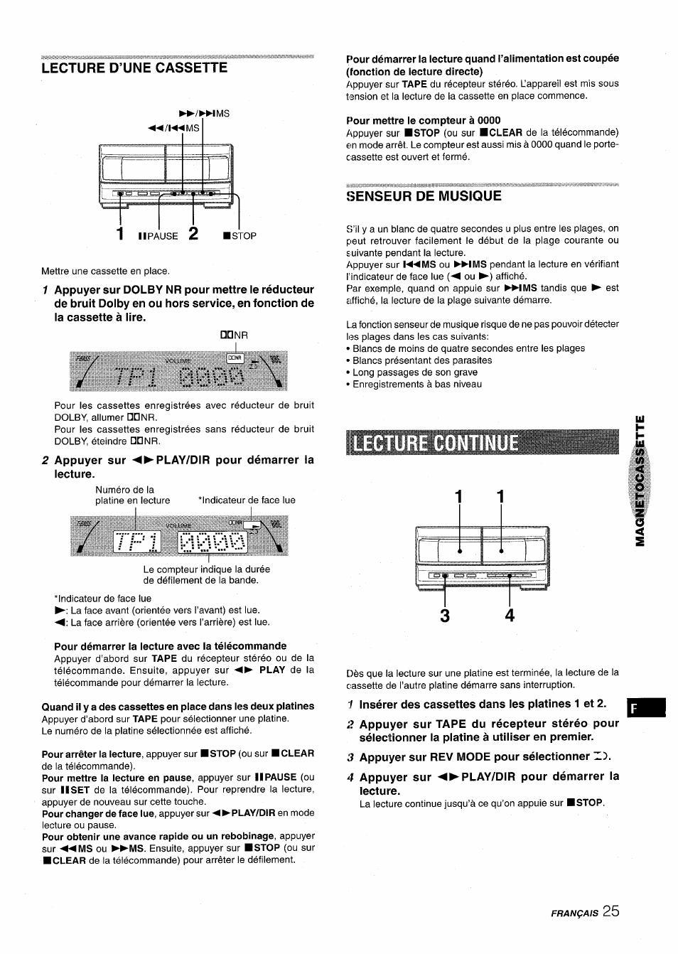 Lecture d’une cassette, Censeur de musique, Lecture de cassettes | Aiwa XR-M1000 User Manual | Page 89 / 100
