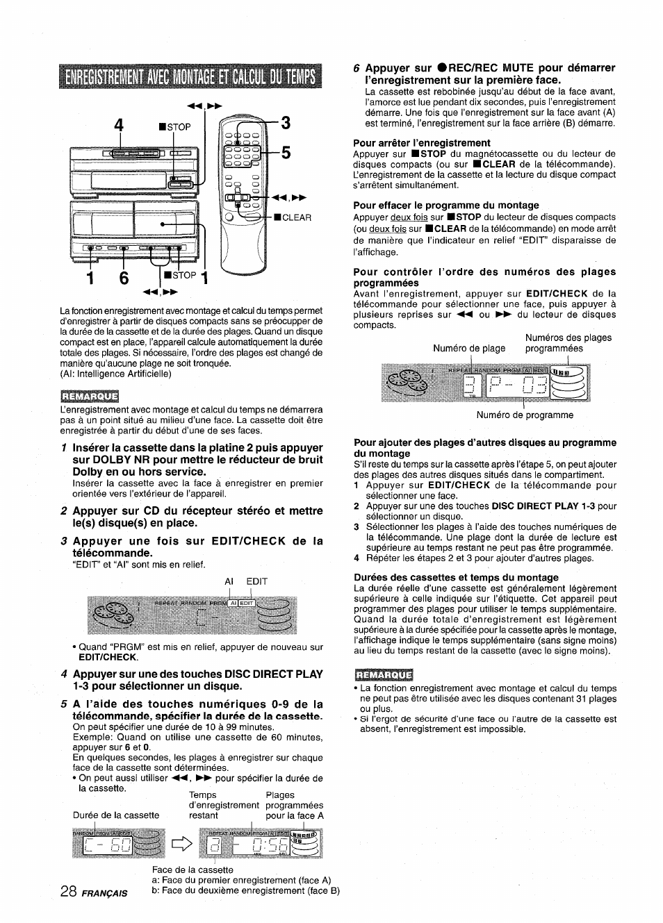 Pour arrêter l’enregistrement, Pour effacer le programme du montage, Enregisïreff nt avec montage h calcul du temps | Aiwa XR-M1000 User Manual | Page 92 / 100