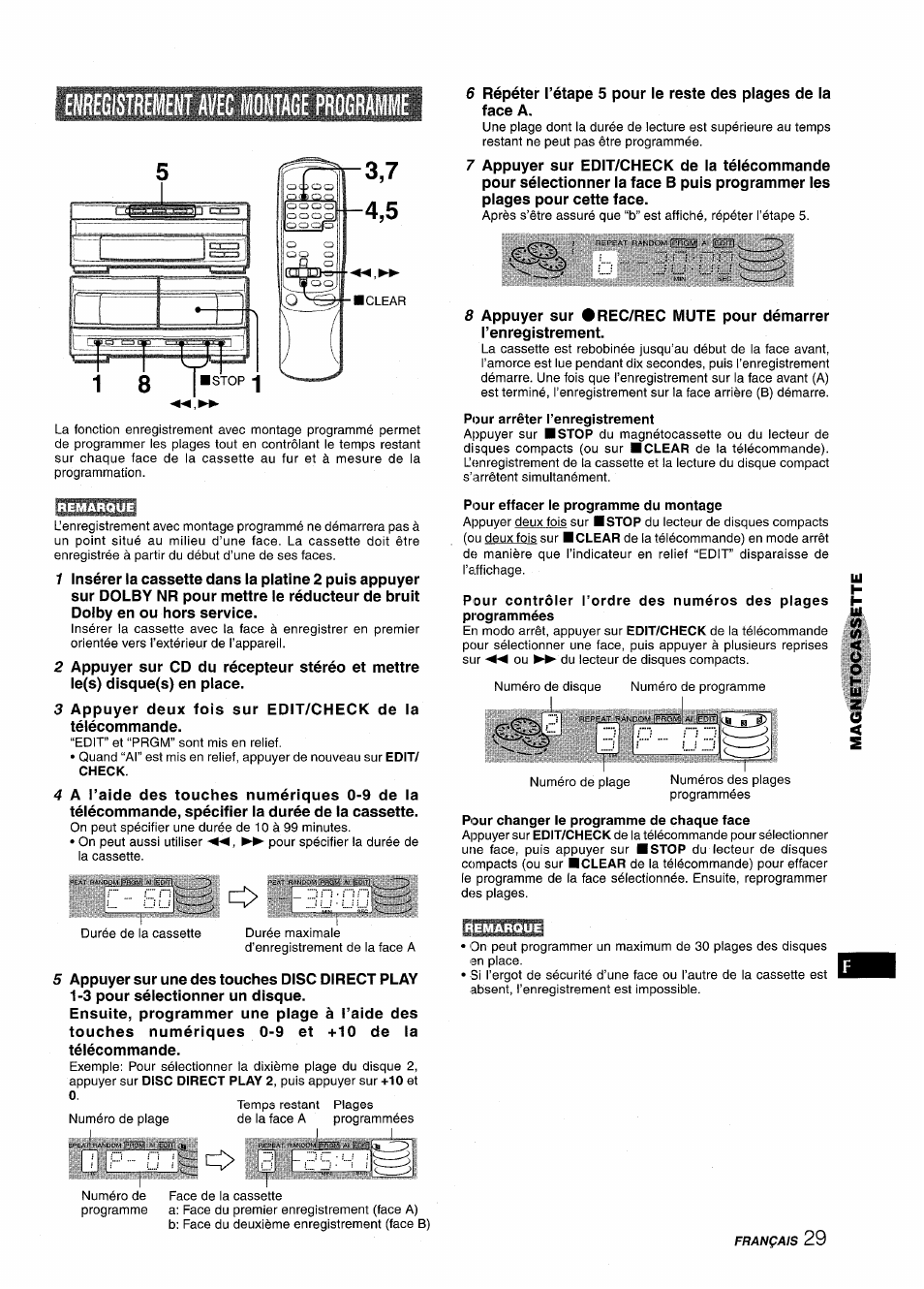 Enregistrement avec montage programme, Pour effacer le programme du montage, Pour changer le programme de chaque face | Aiwa XR-M1000 User Manual | Page 93 / 100