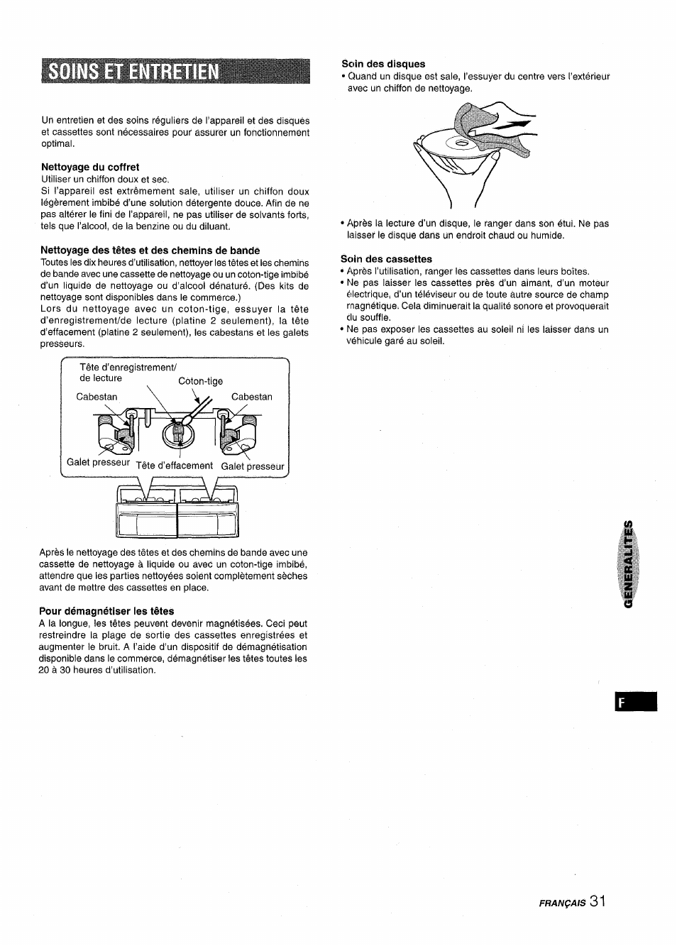 Nettoyage du coffret, Nettoyage des têtes et des chemins de bandé, Soin des disques | Pour démagnétiser ies têtes, Soin des cassettes | Aiwa XR-M1000 User Manual | Page 95 / 100