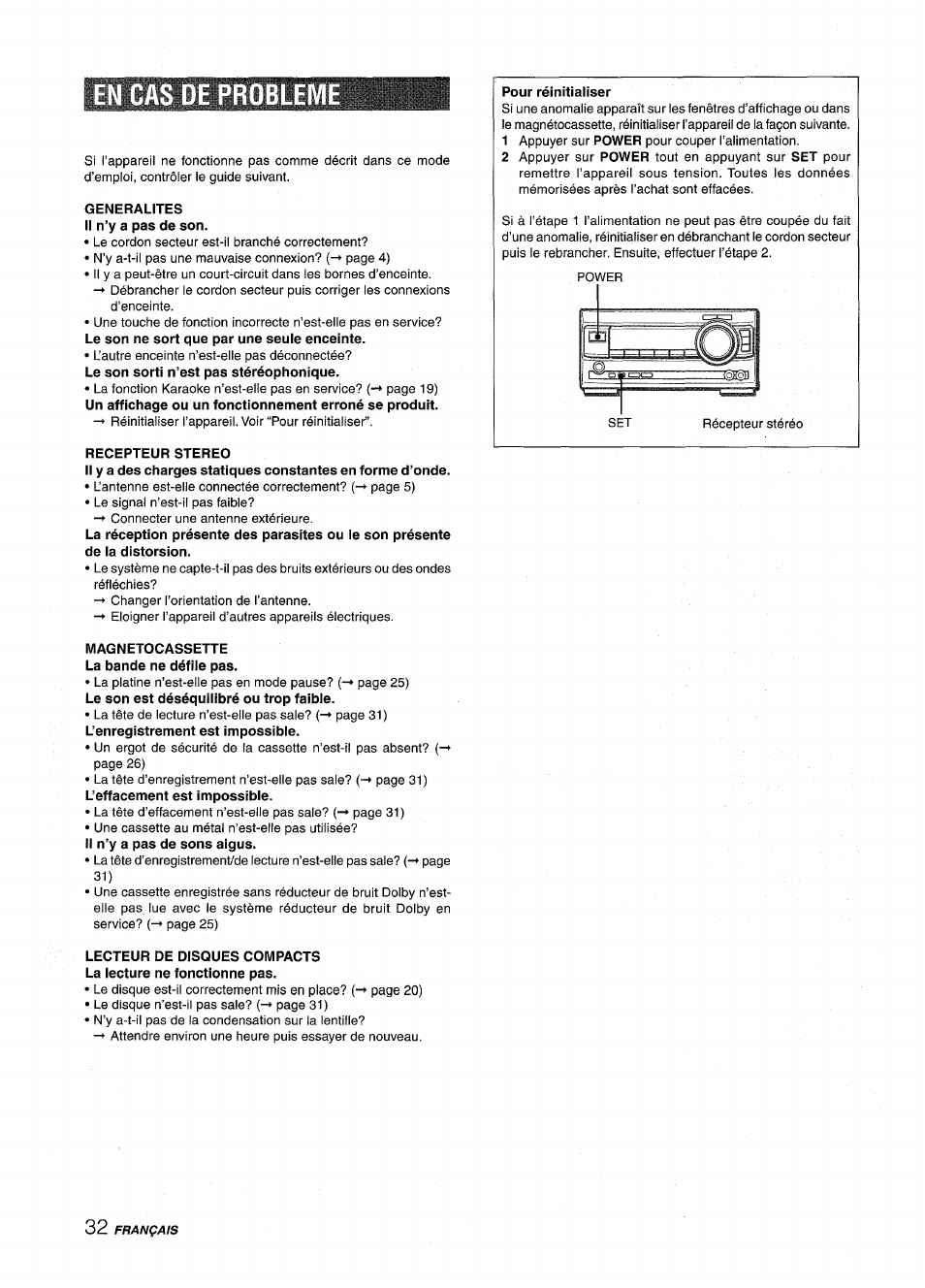 En cas de problem, Generalites il n’y a pas de son, Recepteur stereo | Magnetocassette la bande ne défile pas, En cas de probleme | Aiwa XR-M1000 User Manual | Page 96 / 100