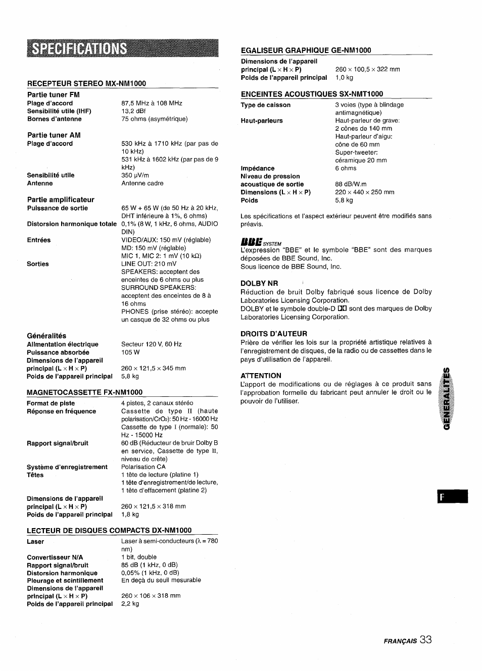 Egaliseur graphique ge-nmiooo, Enceintes acoustiques sx-nmt1000, Dolby nr | Droits d’auteur, Attention | Aiwa XR-M1000 User Manual | Page 97 / 100