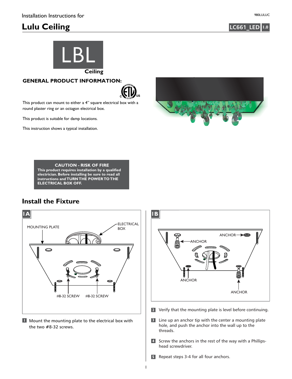 LBL Lighting Lulu C User Manual | 4 pages