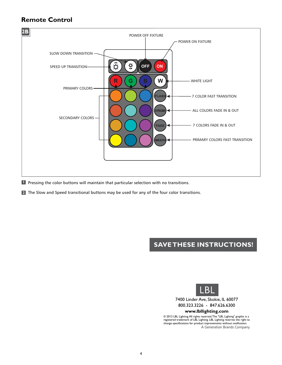 Remote control, Save these instructions, Rg b w | LBL Lighting Lulu C User Manual | Page 4 / 4