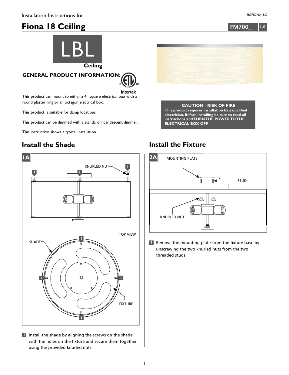 LBL Lighting Fiona 18 Flush Mount User Manual | 4 pages