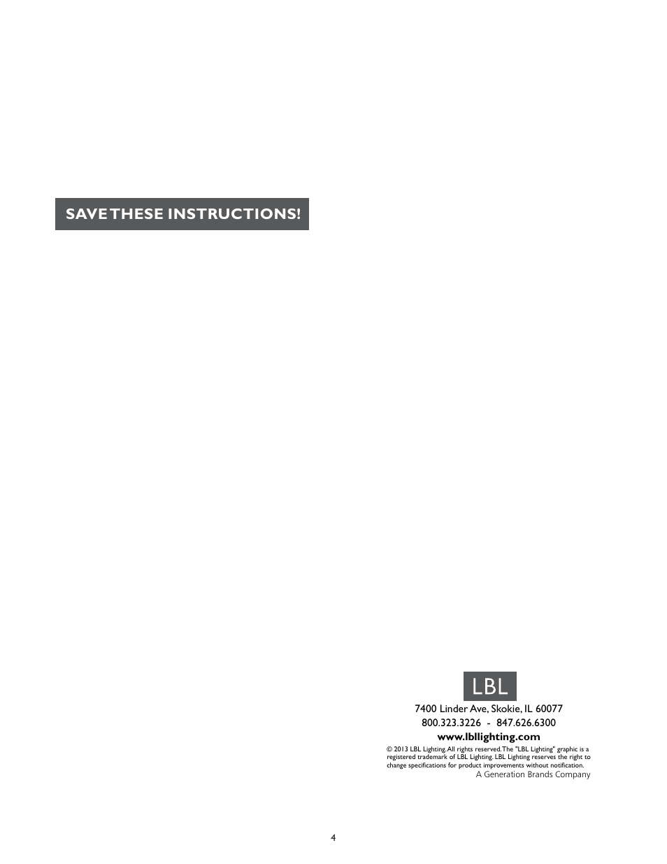 Save these instructions | LBL Lighting Fiona 18 Flush Mount User Manual | Page 4 / 4