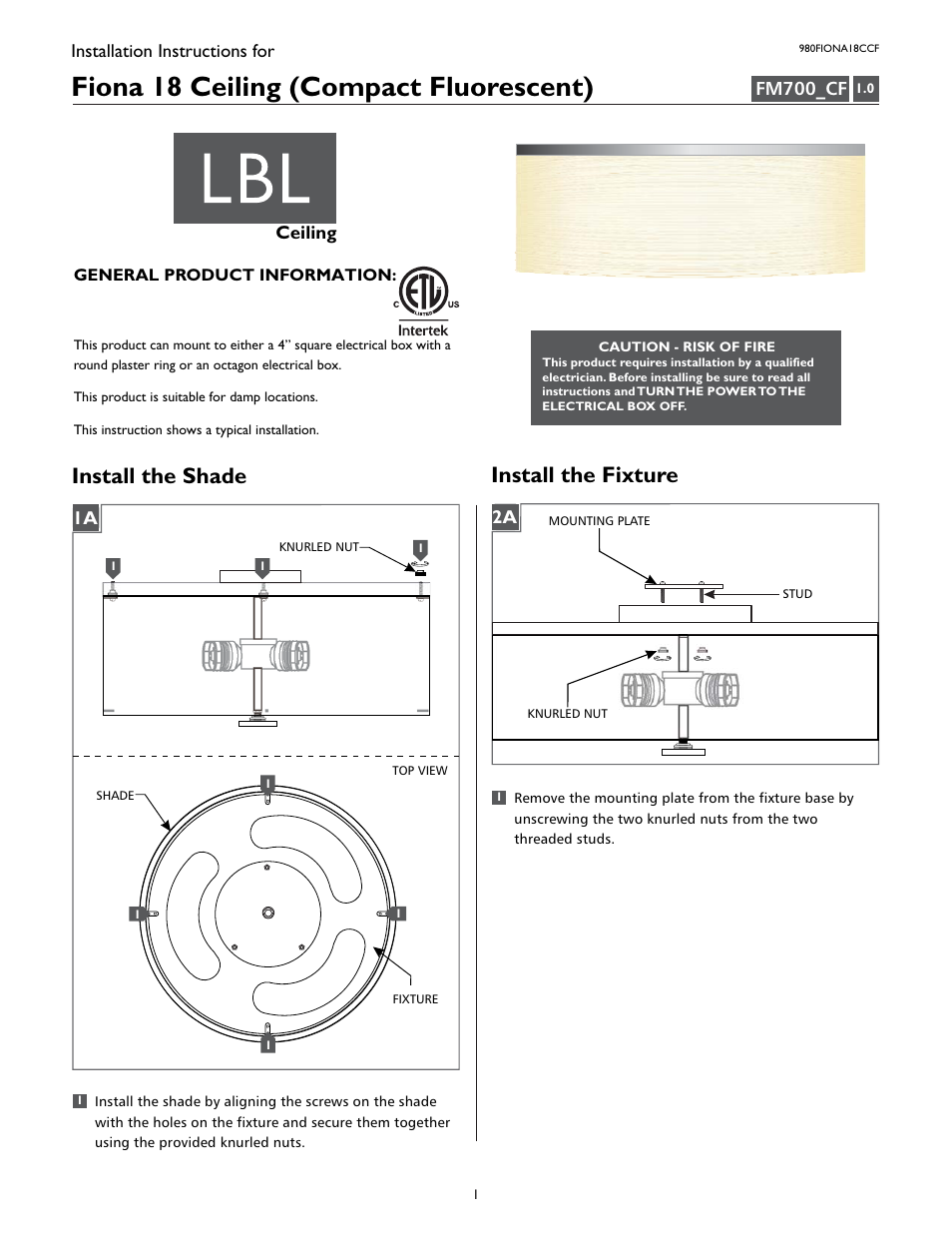 LBL Lighting Fiona 18 Flush Mount CF User Manual | 4 pages