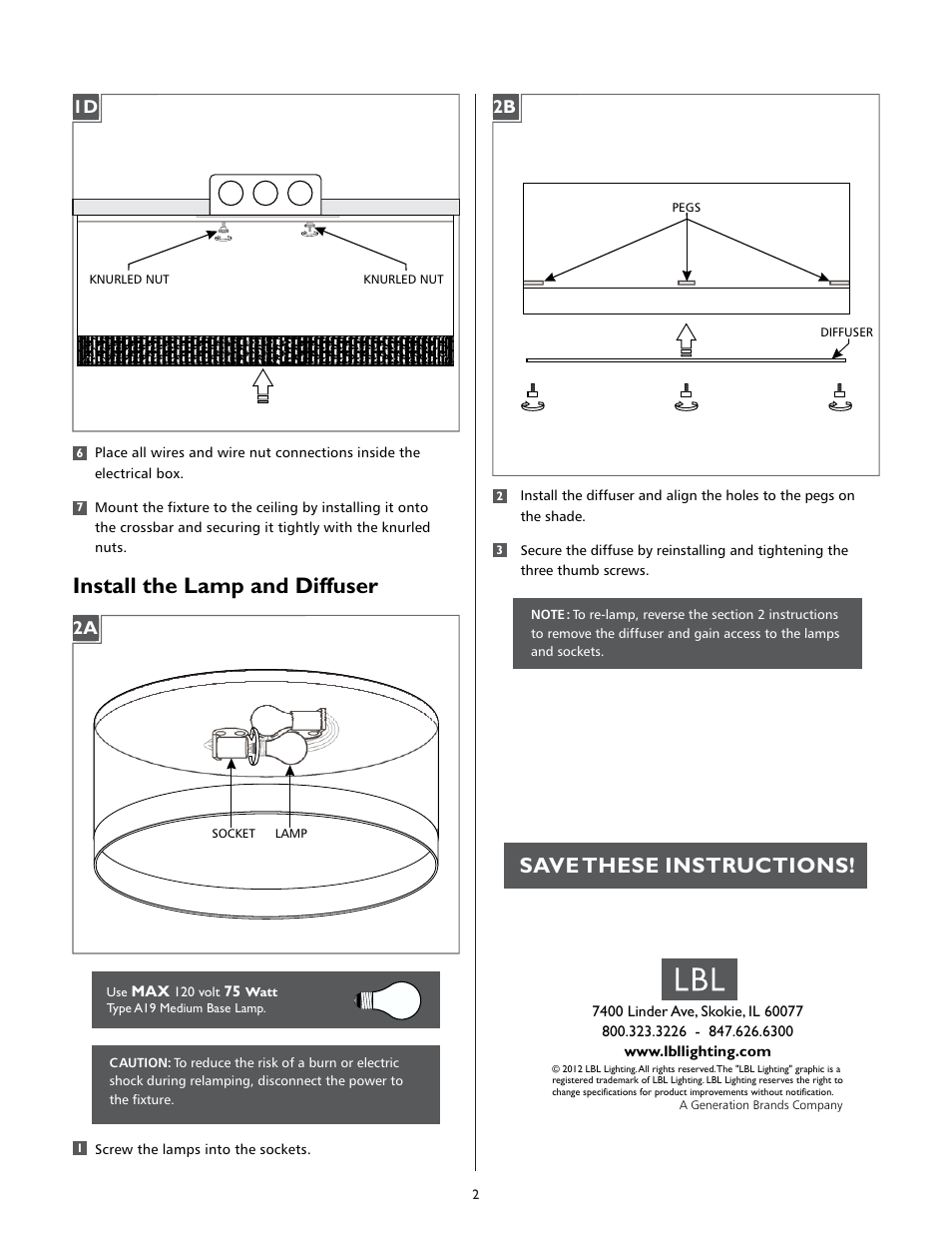 Install the lamp and diffuser, Save these instructions | LBL Lighting Hollywood Beach User Manual | Page 2 / 2