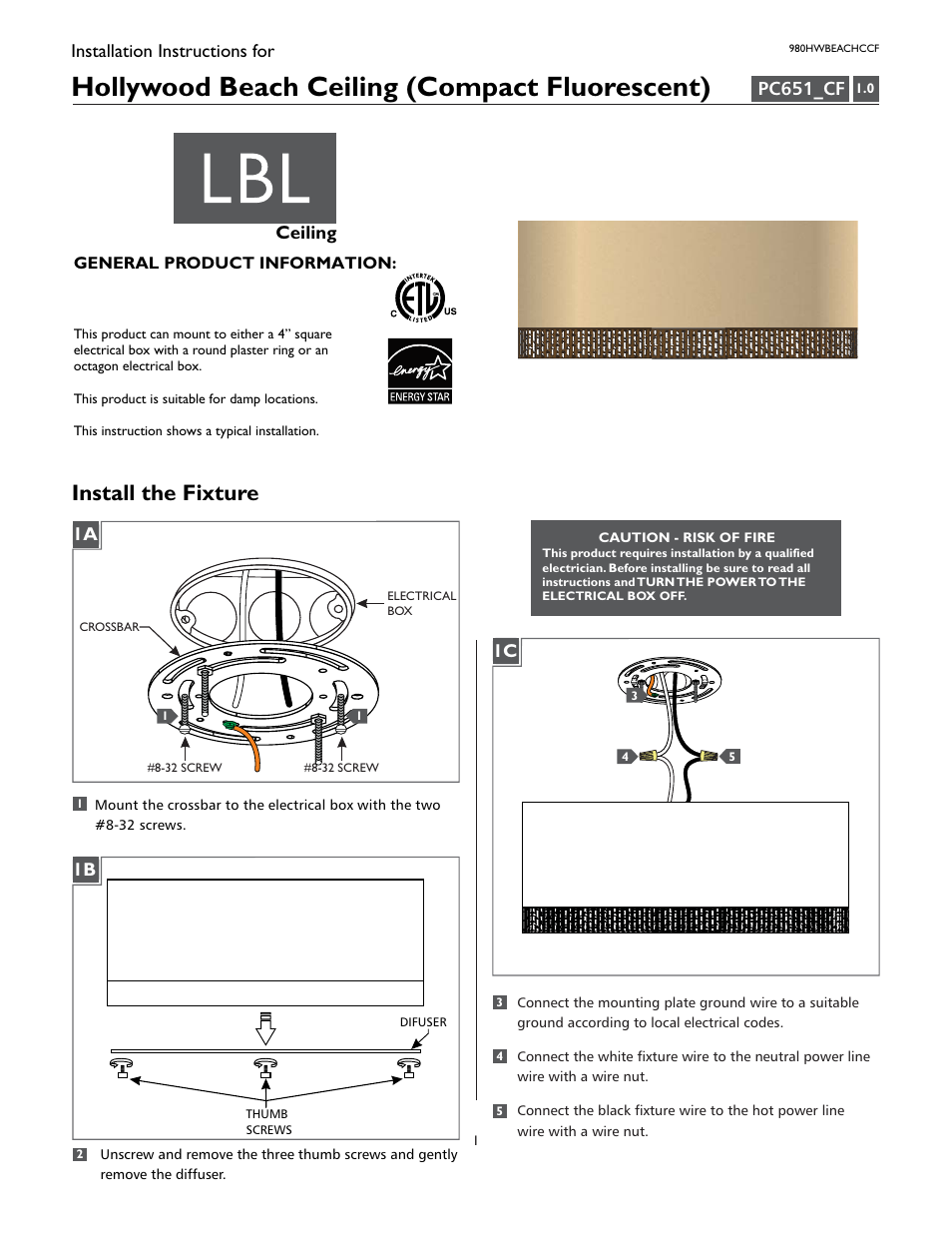 LBL Lighting Hollywood Beach CF User Manual | 2 pages