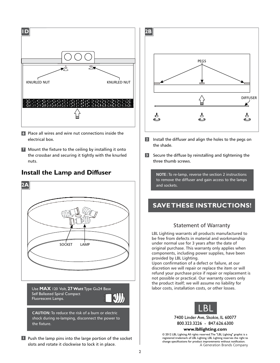 Install the lamp and diffuser, Save these instructions, Statement of warranty | LBL Lighting Hollywood Beach CF User Manual | Page 2 / 2