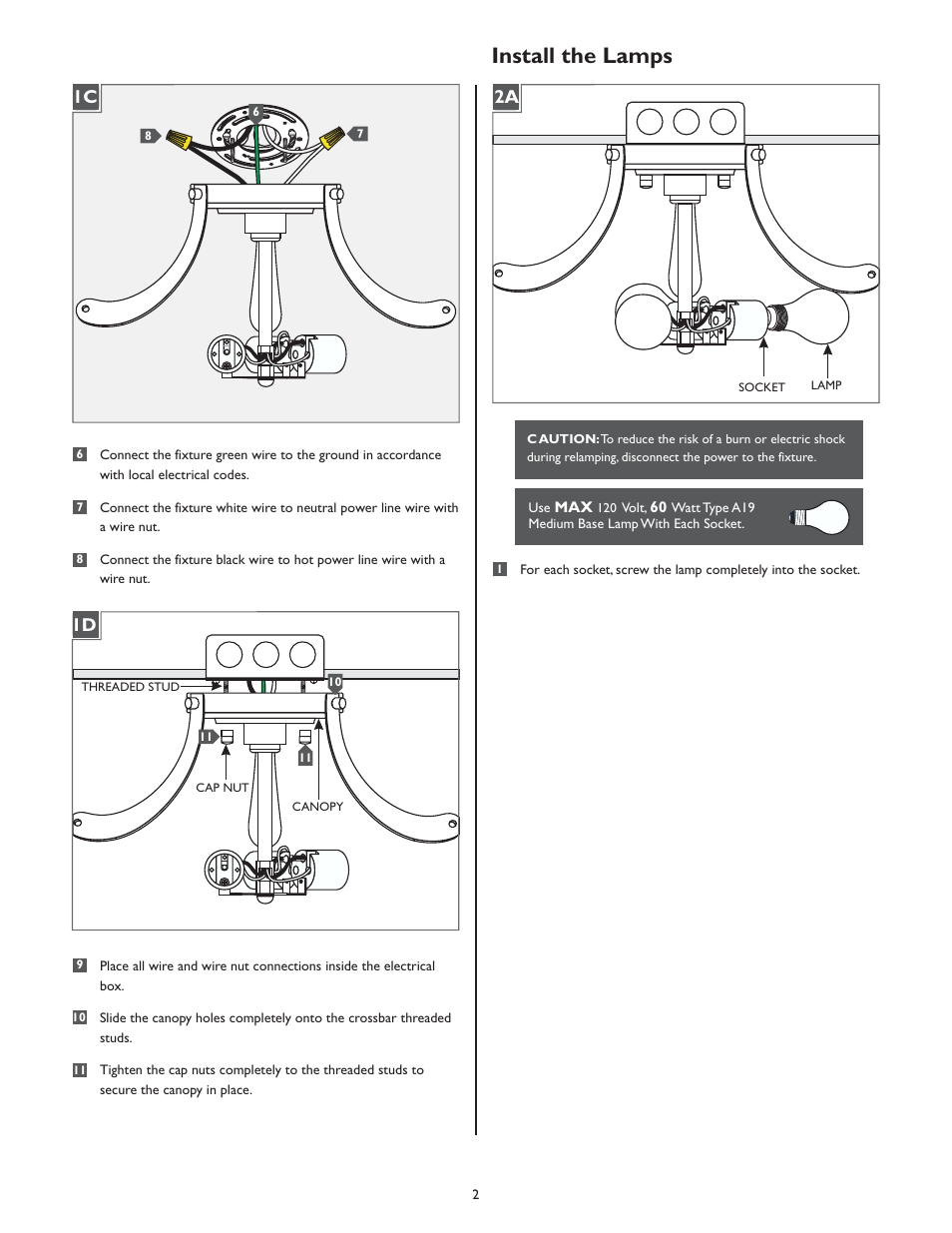 Install the lamps, 2a 1d | LBL Lighting Veneto User Manual | Page 2 / 4