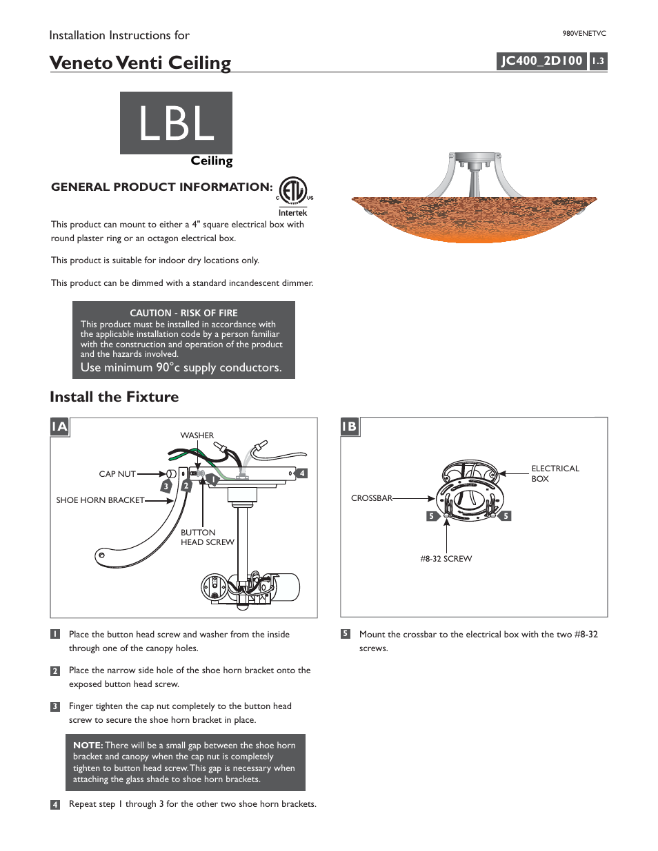 LBL Lighting Veneto Venti User Manual | 4 pages