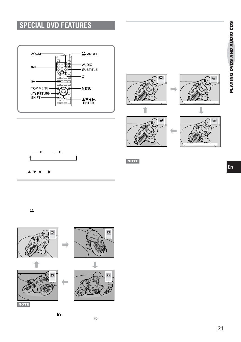 Special dvd features, En subtitles (dvd only), Zoom function (dvd only) | Changing the angle (dvd only) | Aiwa HT-DV90 User Manual | Page 21 / 42