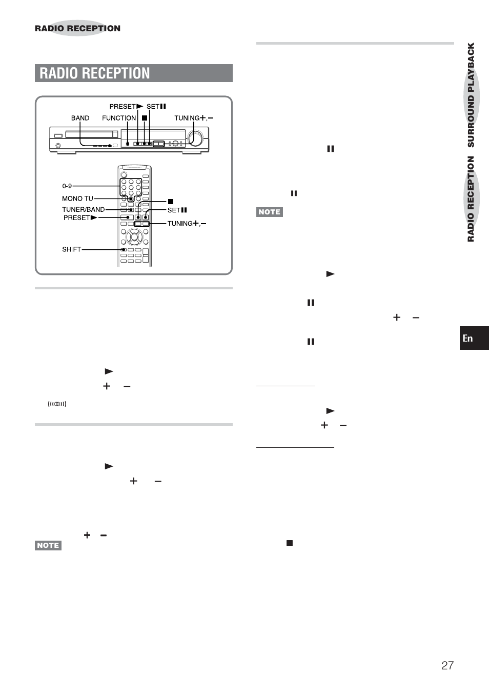 Radio reception, Manual tuning, Auto search | Preset tuning | Aiwa HT-DV90 User Manual | Page 27 / 42