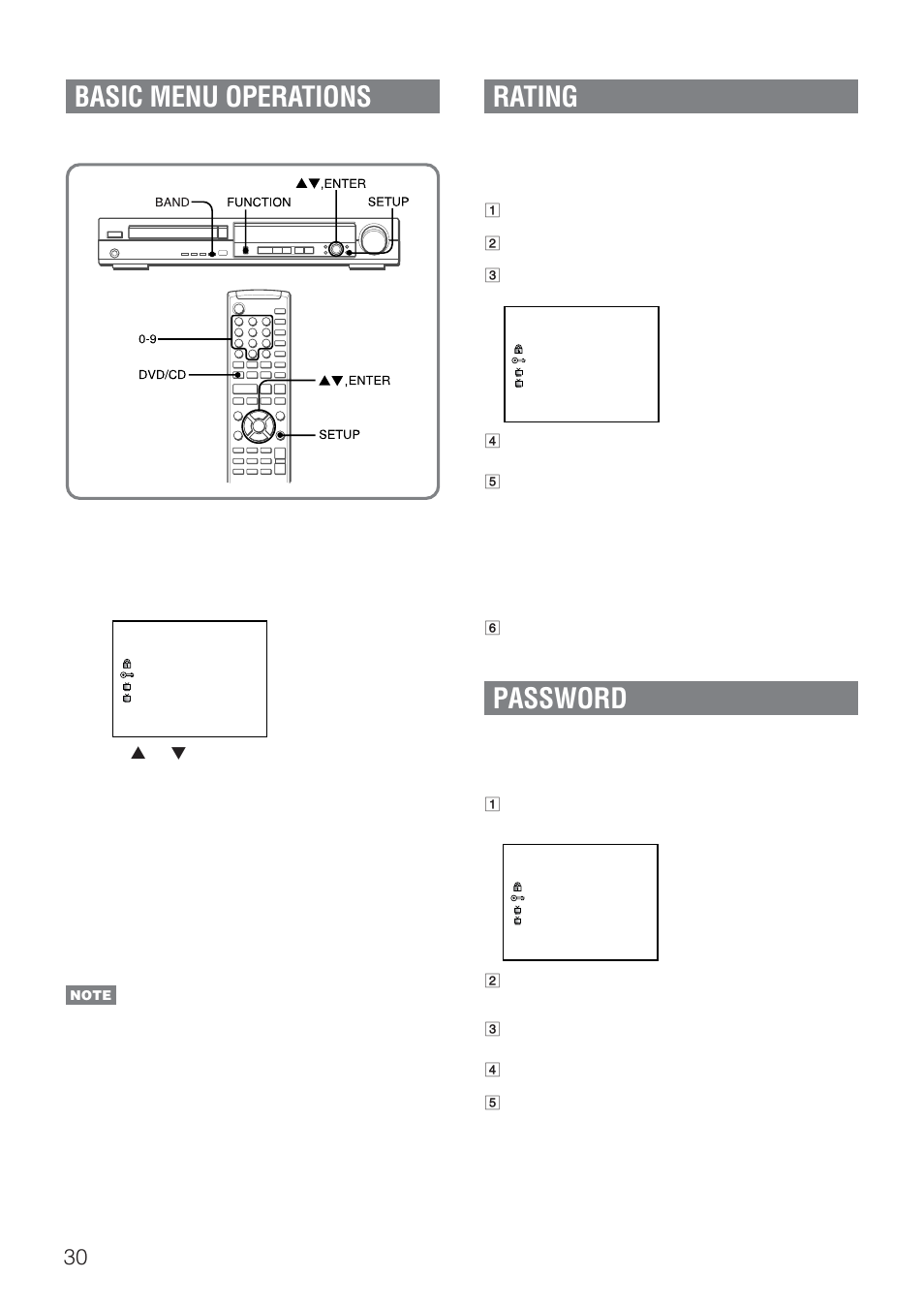 Basic menu operations, Rating, Password | Aiwa HT-DV90 User Manual | Page 30 / 42