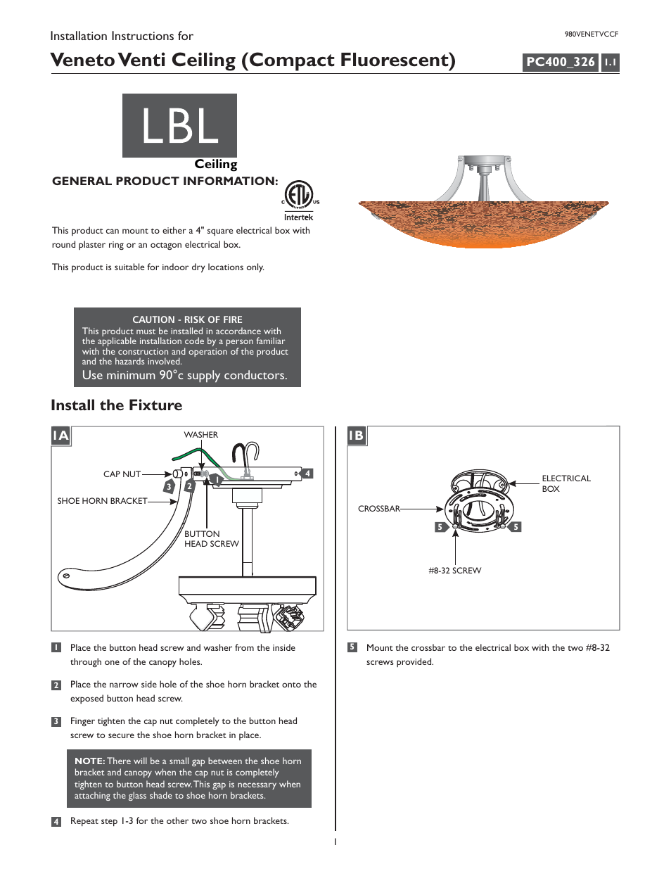 LBL Lighting Veneto Venti CF User Manual | 4 pages