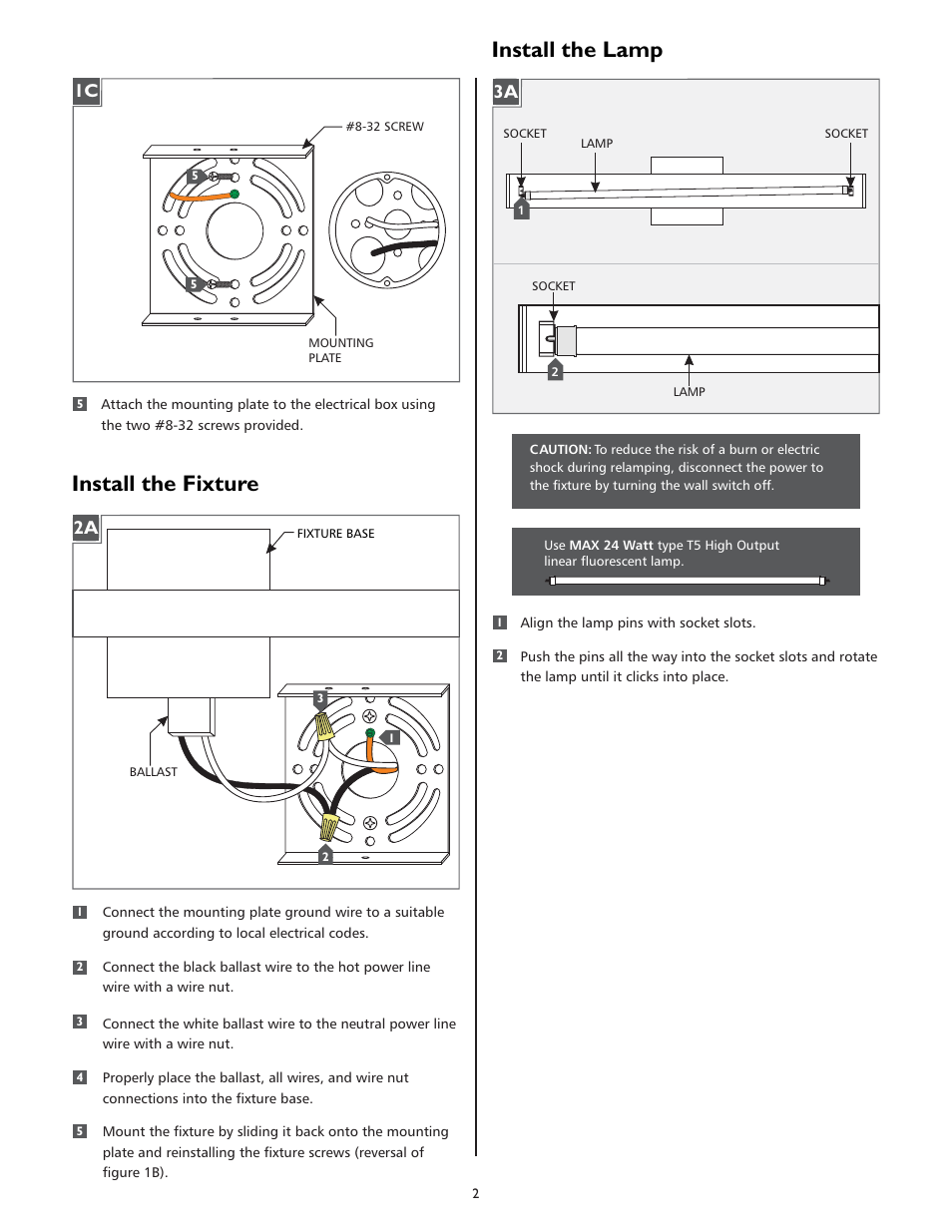 Install the lamp, Install the fixture | LBL Lighting Rania W User Manual | Page 2 / 4