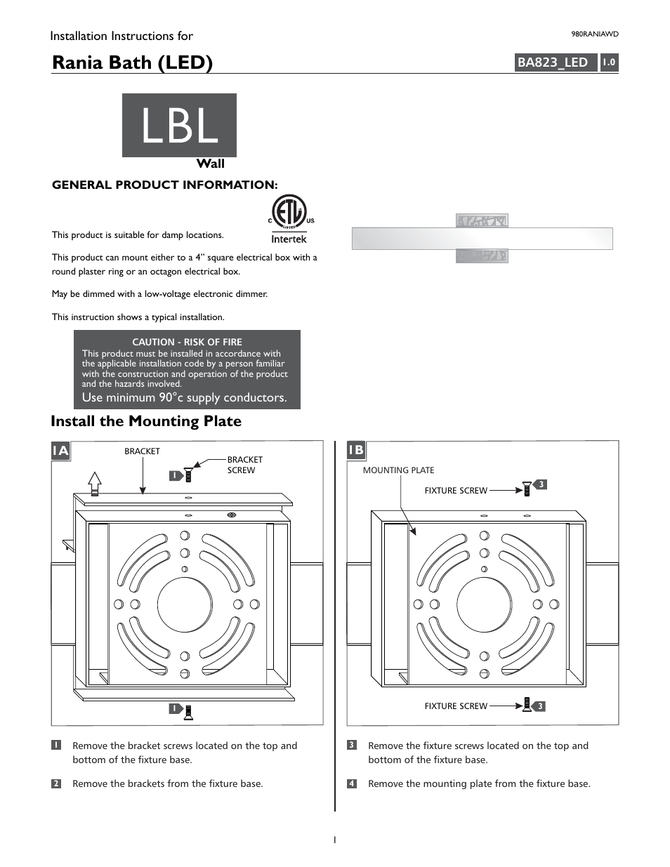 LBL Lighting Rania W LED User Manual | 2 pages