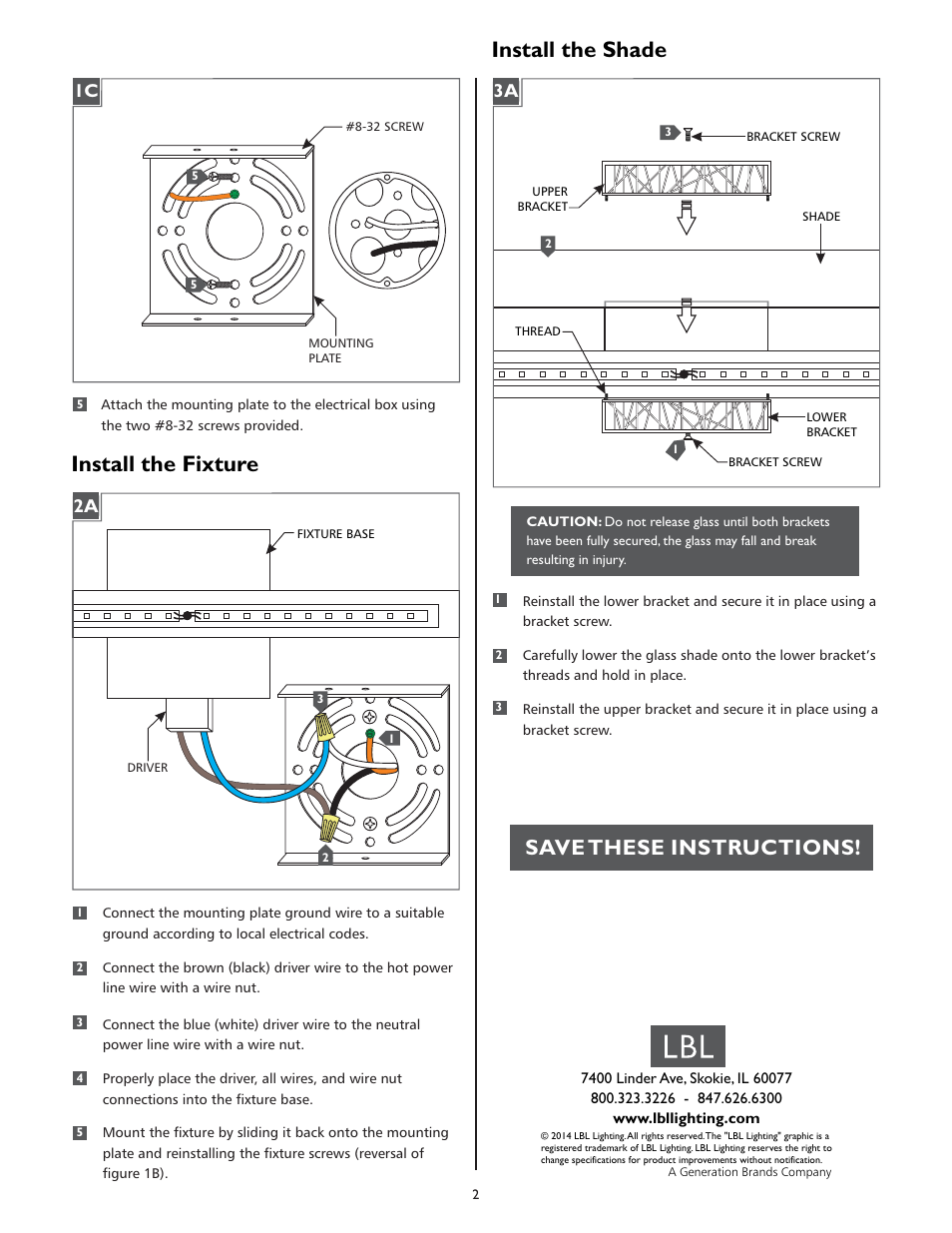 Install the shade install the fixture, Save these instructions | LBL Lighting Rania W LED User Manual | Page 2 / 2