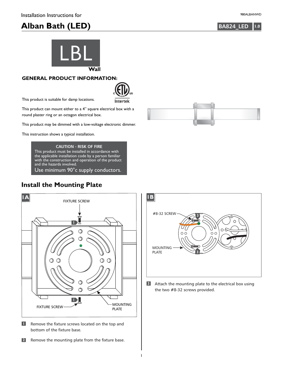 LBL Lighting Alban W LED User Manual | 2 pages