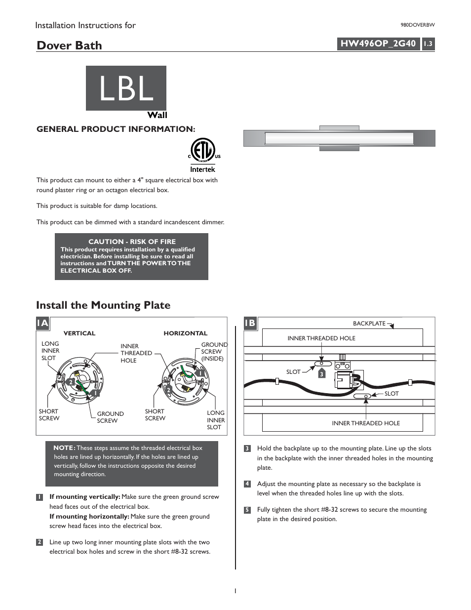 LBL Lighting Dover W User Manual | 2 pages