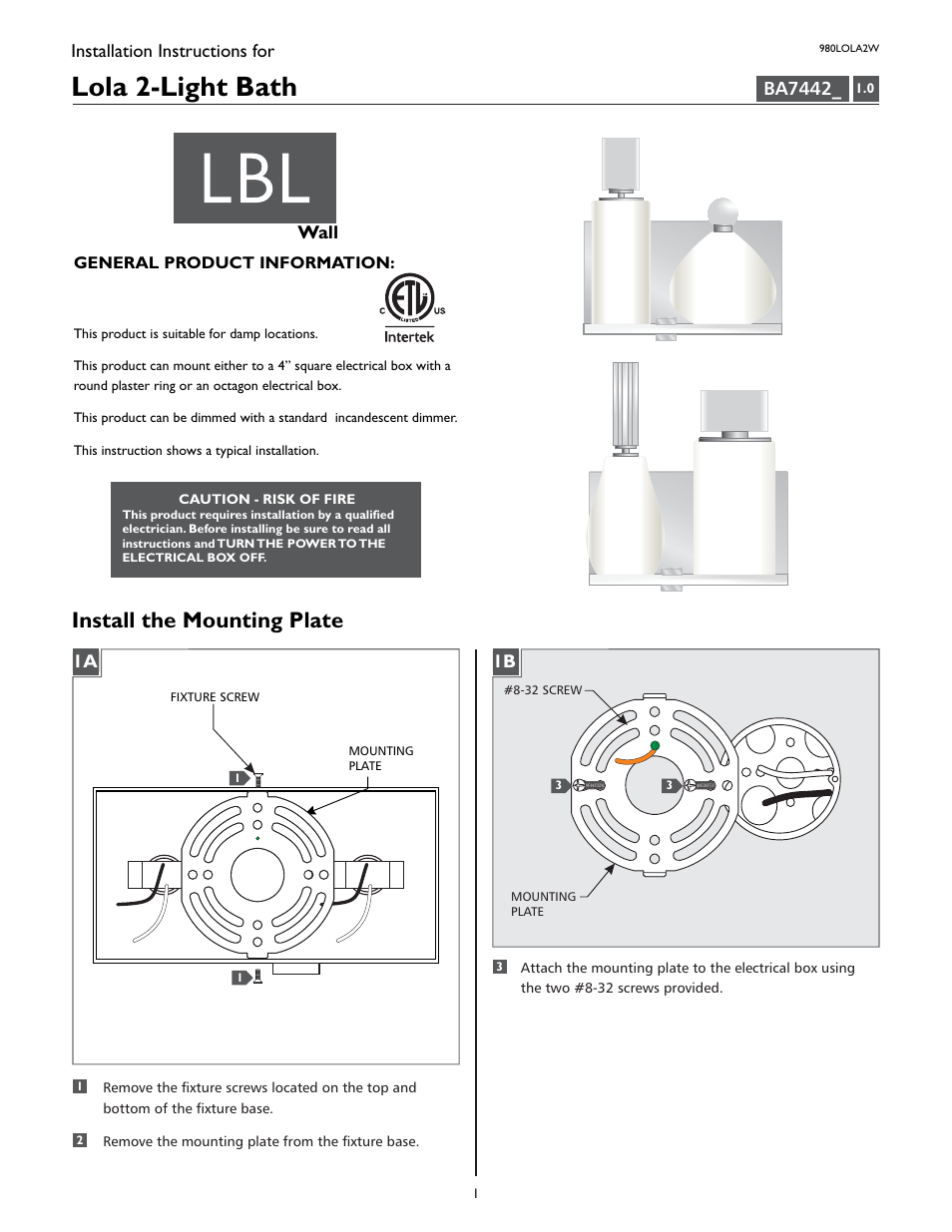 LBL Lighting Lola 2-Light User Manual | 4 pages