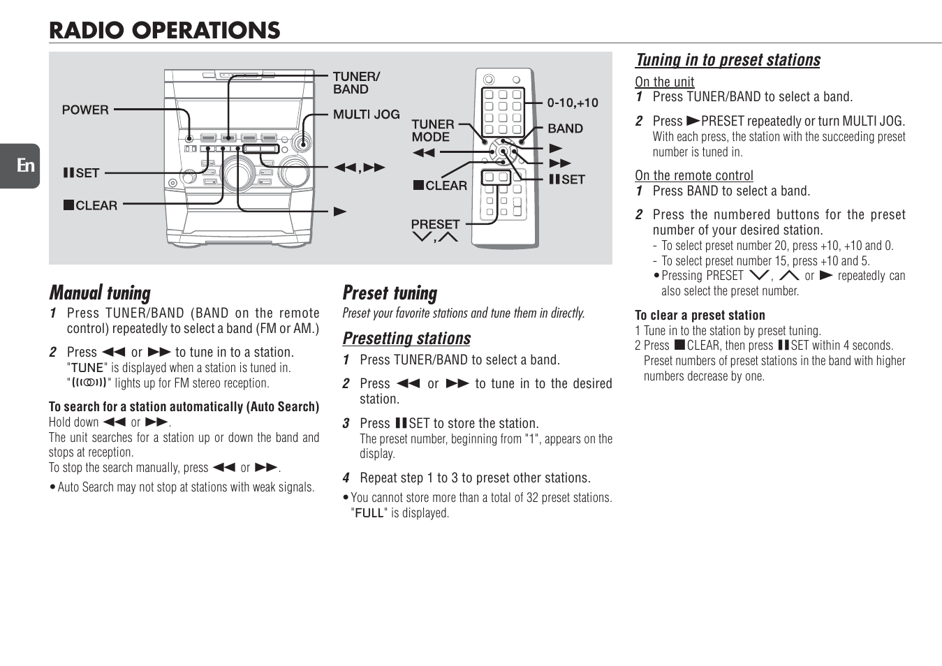 Radio operations, Manual tuning, Preset tuning | 12 en | Aiwa NSX-TR77 User Manual | Page 12 / 22