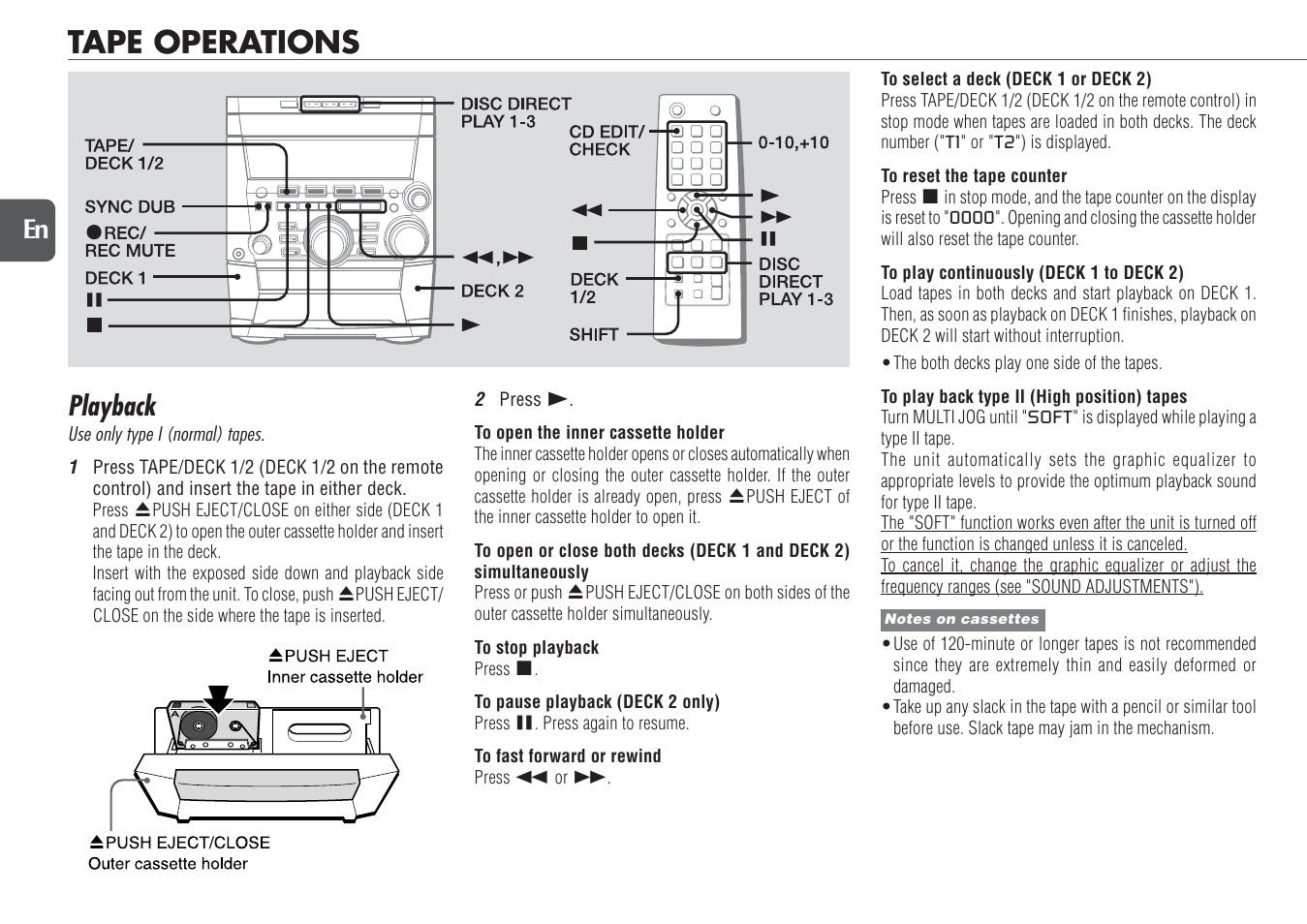 Tape operations, Playback, 14 en | Aiwa NSX-TR77 User Manual | Page 14 / 22