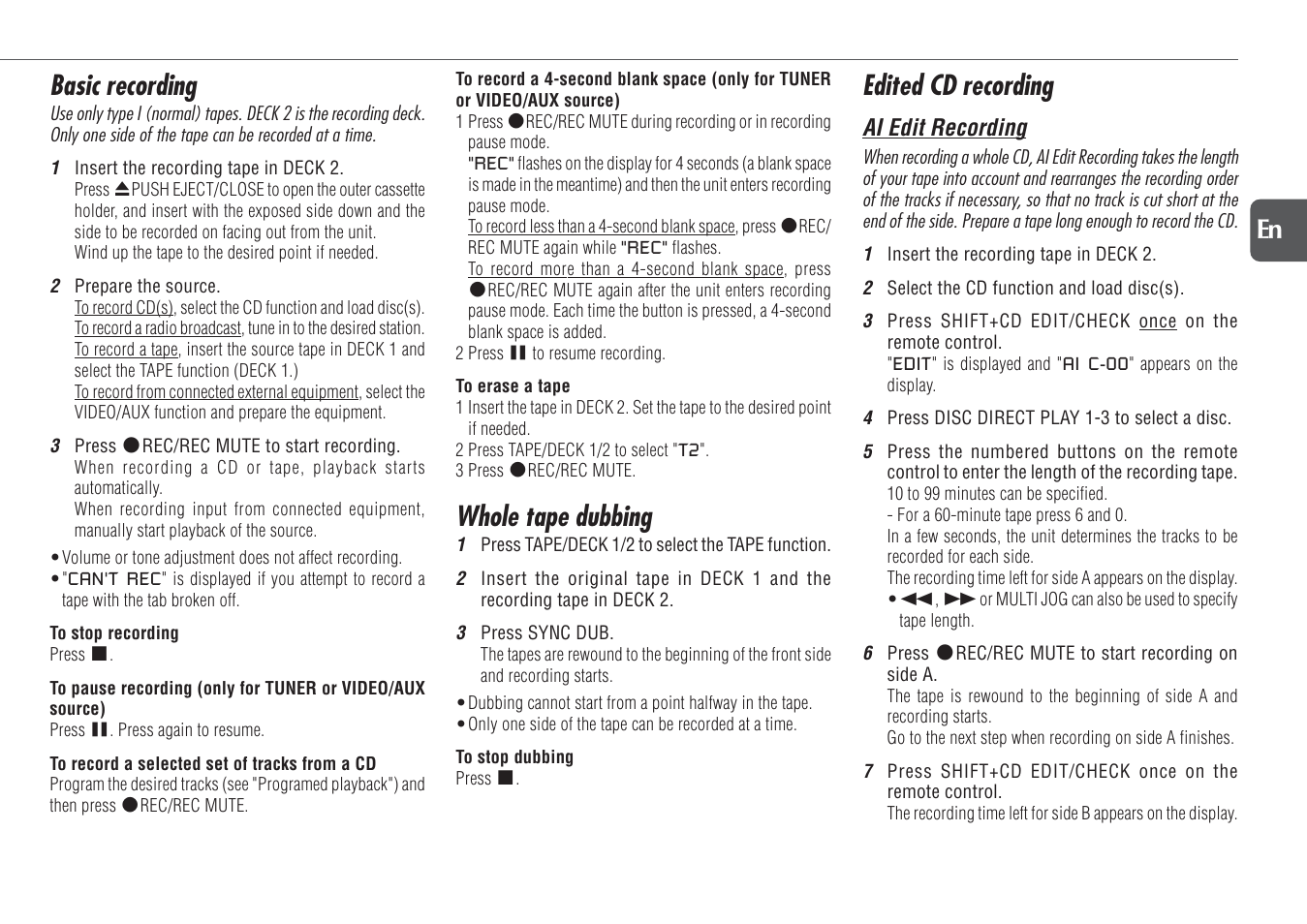 Basic recording, Whole tape dubbing, Edited cd recording | 15 en | Aiwa NSX-TR77 User Manual | Page 15 / 22