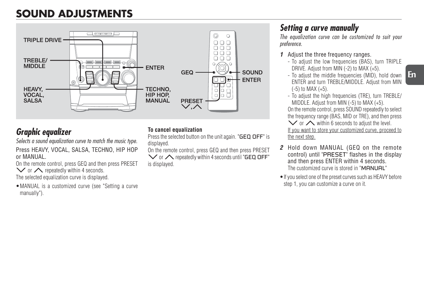 Sound adjustments, Graphic equalizer, Setting a curve manually | 17 en | Aiwa NSX-TR77 User Manual | Page 17 / 22