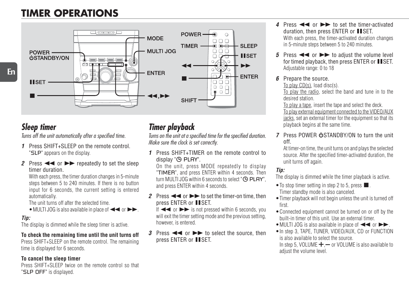 Timer operations, Sleep timer, Timer playback | 18 en | Aiwa NSX-TR77 User Manual | Page 18 / 22