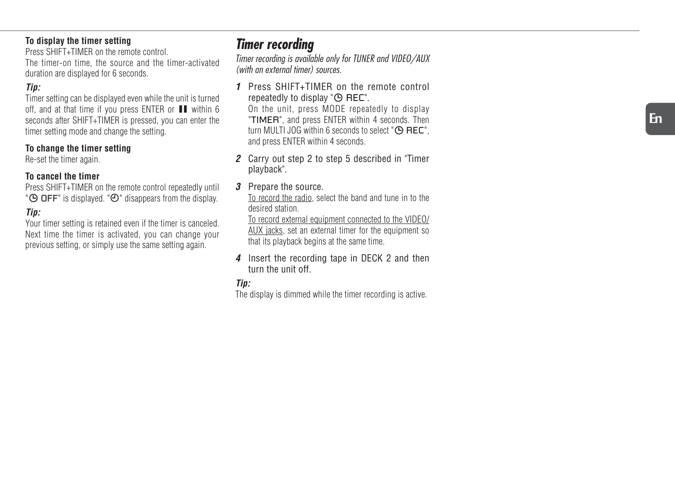 Timer recording, 19 en | Aiwa NSX-TR77 User Manual | Page 19 / 22